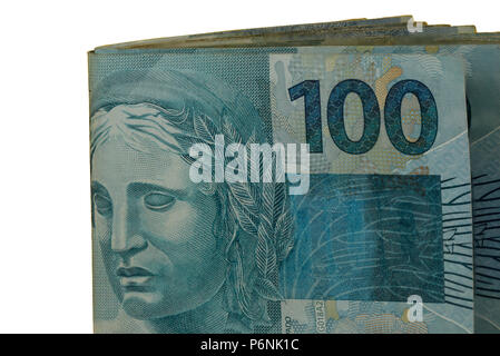 100 Real Money Notes from Brazil. Brazilian Money. Image of notes of Real, the official currency of Brazil since 1994. Notes of 100 Reais. Stock Photo