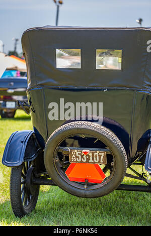 Shallow depth of field closeup of the rear of a 1923 Ford Model T Touring Car. Stock Photo