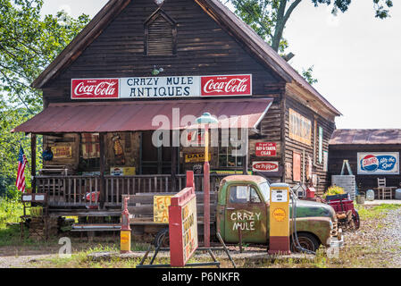 Crazy Mule Antiques, located in a 1909 Lula, Georgia general store building in the foothills of the Blue Ridge Mountains. (USA) Stock Photo
