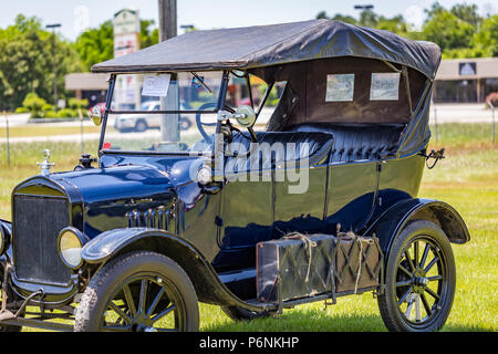 Shallow depth of field closeup of the driver side on a 1923 Ford Model T Touring Car. Stock Photo