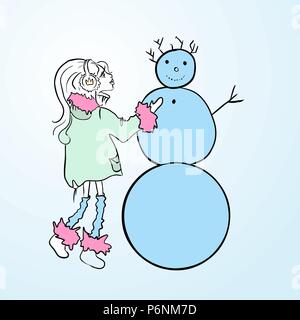 Cute girl sculpts a snowman. Winter games. Vector simple illustration. Stock Vector
