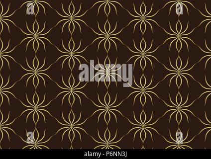 Gold ant line art pattern on dark brown background. Retro luxurious style. Stock Vector