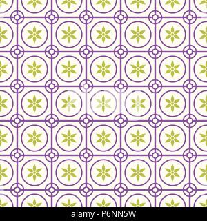 Purple Vintage blossom and circle and hexagon and rectangle seamless pattern on pastel background. Retro and classic symmetry style for old or modern  Stock Vector