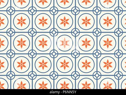 Orange flower, dark blue circle and hexagon pattern on pastel color Stock Vector