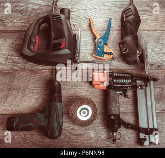 Electric hand tools, screwdriver, Drill Saw jigsaw jointer. Stock Photo