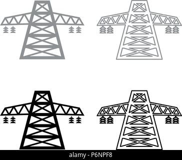 Electric pole post high voltage set line icon set grey black color I flat style simple image Stock Vector