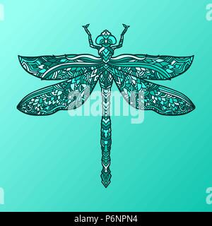 Blue dragonfly in mandala style. Stylized insect. Zentagle doodle vector illustration. Ethnic pattern. Stock Vector
