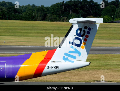 Flybe Bombardier Dash 8 tail at Birmingham Airport, UK (G-PRPI) Stock Photo