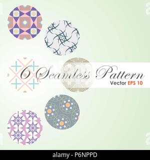 6 in 1 Modern and classic and spirograph pattern for abstract or retro design. Flower and plus sign and circle and curve line and triangle shape Stock Vector