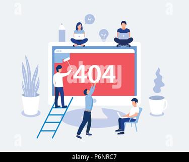404 error page design concept. Laptop screen with error. Small people repair the site with a problem. Trendy flat style. Vector illustration. Stock Vector
