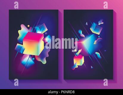 Set of creative design posters with composition of 3d cubes. Modern style abstraction background. Abstract backgrounds of liquid colorful cubes for po Stock Vector