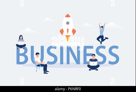 Business design concept. Business word with working people and flying rocket. Flat style. Vector illustration. Stock Vector