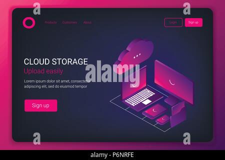 Cloud storage 3d isometric technology concept. Laptop, noutbook, folder with documents, tablet and smartphone transmit data to the cloud. Trendy gradi Stock Vector