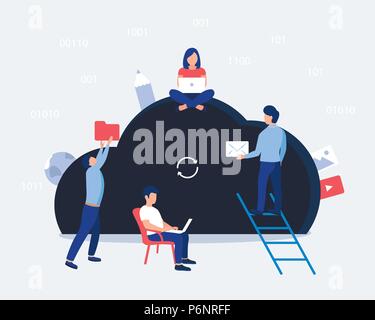 Cloud storage design concept. Small people keep file in cloud shaped room. Trendy flat style. Vector illustration. Stock Vector