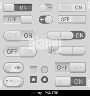 On and Off toggle switch slider buttons. Interface icons set Stock Vector