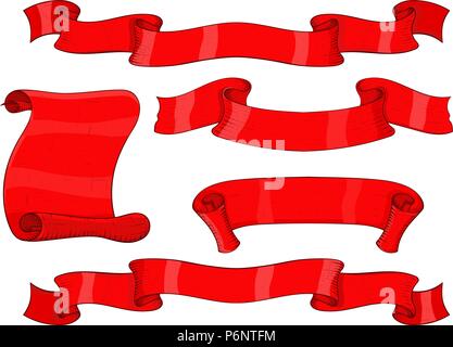 Red ribbon banners and scrolls. Hand drawn sketch Stock Vector