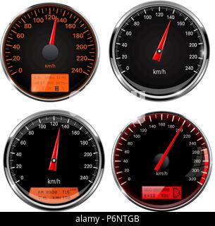 Speedometers and tachometers. Car dashboard black gauges with chrome frame Stock Vector