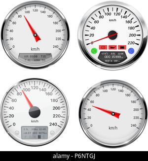 Speedometers and tachometers. Car dashboard gauges with chrome frame Stock Vector