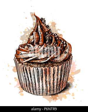 Chocolate cupcake from a splash of watercolor Stock Vector