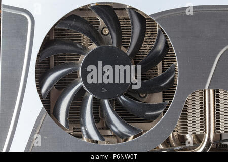 equipment for the crypto currency. the cooling system of a video card close-up. Stock Photo