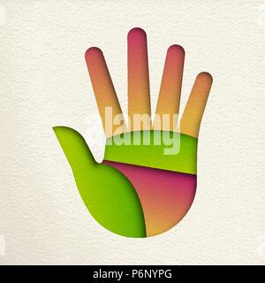 Human hand with open fingers in green color, paper cutout design. Nature help concept or environment conservation illustration. EPS10 vector. Stock Vector