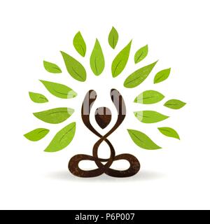 Abstract yoga concept illustration, person doing lotus pose meditation with green leaves for nature connection. EPS10 vector. Stock Vector