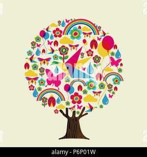 Tree made of vibrant color spring season icons, springtime concept. Seasonal illustration with flowers, rainbow, birds and butterfly EPS10 vector. Stock Vector