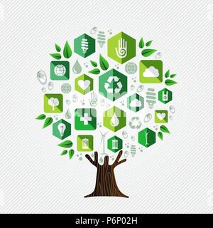 Tree made of eco friendly icons, think green concept. Environment help illustration includes recycling symbol, human hand and wind mill turbine. EPS10 Stock Vector