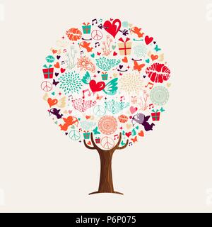 Love tree with valentines day holiday icon set, concept illustration for romantic greeting card. Includes heart shape symbols, cupid angel and lipstic Stock Vector