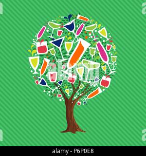 Tree made of colorful drinking glasses. Fruit juice concept, fun summer party drink illustration. EPS10 vector. Stock Vector