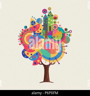 Tree made of colorful abstract shapes. Vibrant color geometric icons and symbols for fun conceptual idea. EPS10 vector. Stock Vector