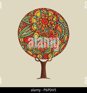 Tree illustration with colorful mandala design, hand drawn floral decoration in traditional ethnic style. EPS10 vector. Stock Vector