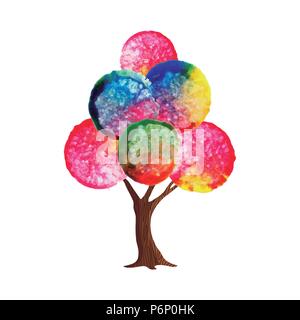 Tree with colorful abstract watercolor leaves. Traditional hand drawn paint decoration. EPS10 vector. Stock Vector