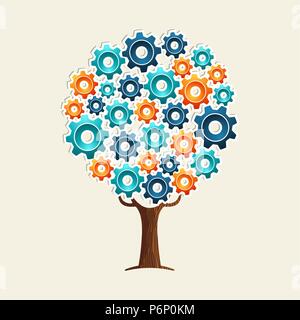 Tree made of gear cog wheel icons. Concept illustration about teamwork progress, engineering or technology industry. EPS10 vector. Stock Vector