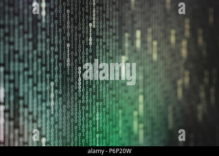 power of big data. binary code information bit on computer monitor screen display. green light text number one and zero. blur focused blue bokeh light Stock Photo