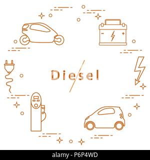 Ban on diesel engines. Transport is environmentally friendly. Electric cars, battery, charging station, electrical safety sign, cable, electrical plug Stock Vector