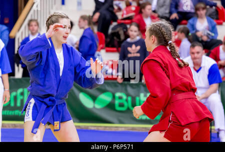 Russia, Vladivostok, 06/30/2018. Sambo competition among girls born in 2003-2004. Teenage tournaments of martial arts and fighting sports. Stock Photo