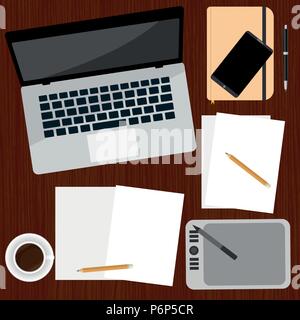 Top view of Realistic Workplace organization on wooden surface table, Set of Flat vector design illustration of modern business office and workspace,  Stock Vector