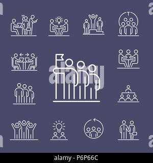 Teamwork business people icon set UI simple line flat illustration. Stock Vector