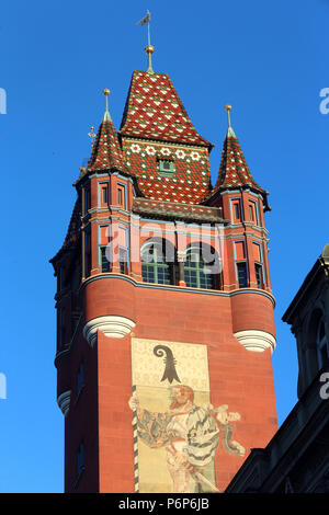 Tower of the red medieval Basel Town Hall (Rathaus). Basel. Switzerland. Stock Photo