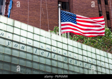 New York City. American flag waving in the Vietnam Veterans Plaza, a war memorial that honors New York City citizens who served during the Vietnam War Stock Photo