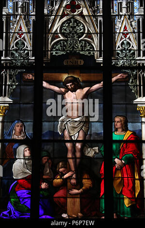 Elisabethenkirche. Stained glass window. The crucifixion, Jesus on the cross.  Basel. Switzerland. Stock Photo