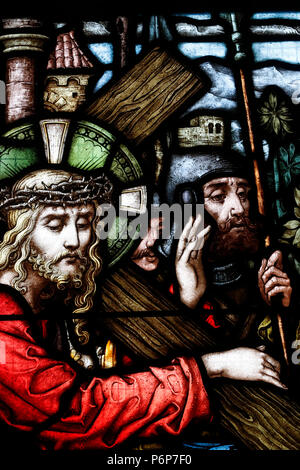 The church of the Holy Trinity.  Stained glass window.  Passion of Christ. Way of the cross.  Geneva. Switzerland. Stock Photo