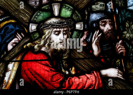 The church of the Holy Trinity.   Stained glass window.  Passion of Christ. Way of the cross.  Geneva. Switzerland. Stock Photo