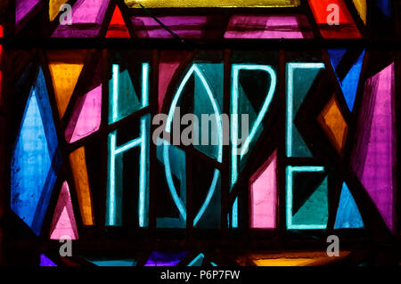 The church of the Holy Trinity.   Stained glass window.  Hope.  Geneva. Switzerland. Stock Photo