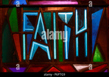 The church of the Holy Trinity.   Stained glass window.  Charity.  Geneva. Switzerland. Stock Photo