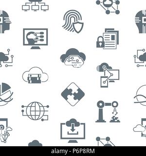 Digital vector artificial intelligence cloud icons set, seamless pattern Stock Vector