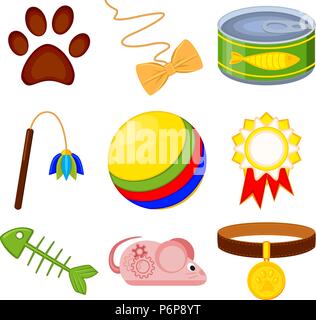 Colorful cartoon 9 cat care elements set Stock Vector