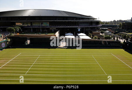 A general view of Court 18 on day One of the Wimbledon Championships at the All England Lawn tennis and Croquet Club, Wimbledon. PRESS ASSOCIATION Photo. Picture date: Monday July 2, 2018. See PA story tennis Wimbledon. Photo credit should read: Steven Paston/PA Wire. RESTRICTIONS: Editorial use only. No commercial use without prior written consent of the AELTC. Still image use only - no moving images to emulate broadcast. No superimposing or removal of sponsor/ad logos. Call +44 (0)1158 447447 for further information. Stock Photo