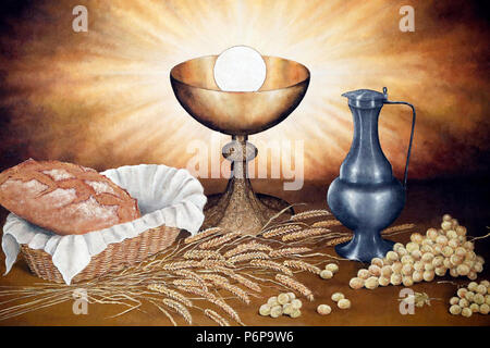 Saint-Andre church. Communion table with cup of wine, grapes, bread and wheat. Stock Photo